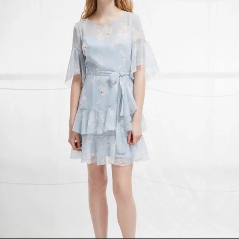 FRENCH CONNECTION Alba Floral Tie Waist Dress In Sea Breeze blue